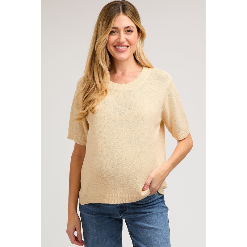 Beige Knit Short Sleeve Maternity Top