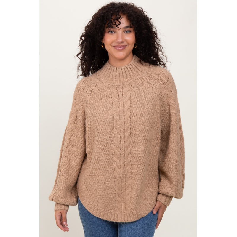 Beige Mixed Chunky Cable Knit Mock Neck Sweater