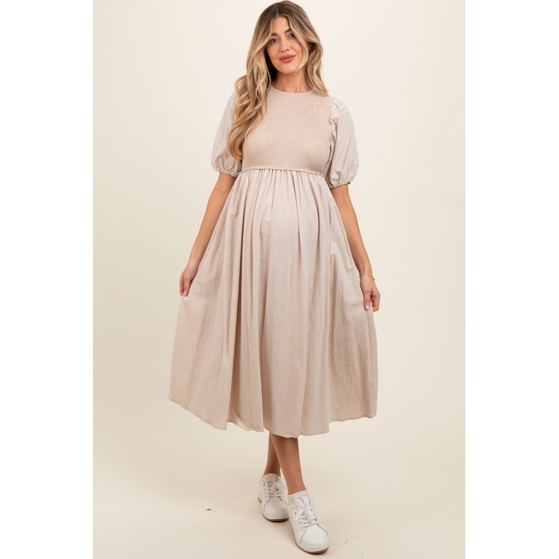 Beige Ribbed Bodice Puff Sleeve Maternity Midi Dress