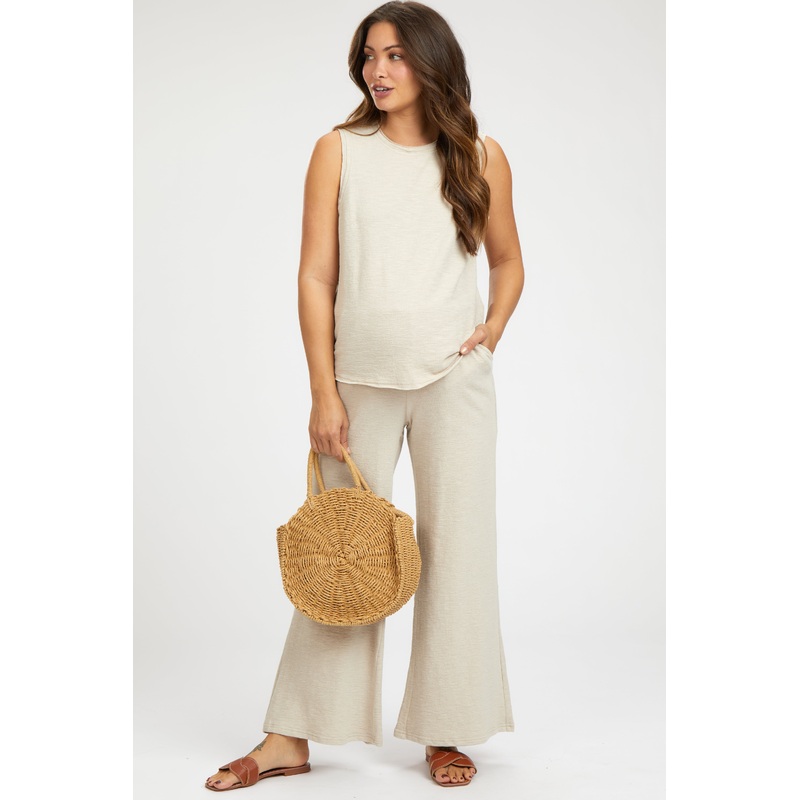 Beige Slub Knit Maternity Pants Set