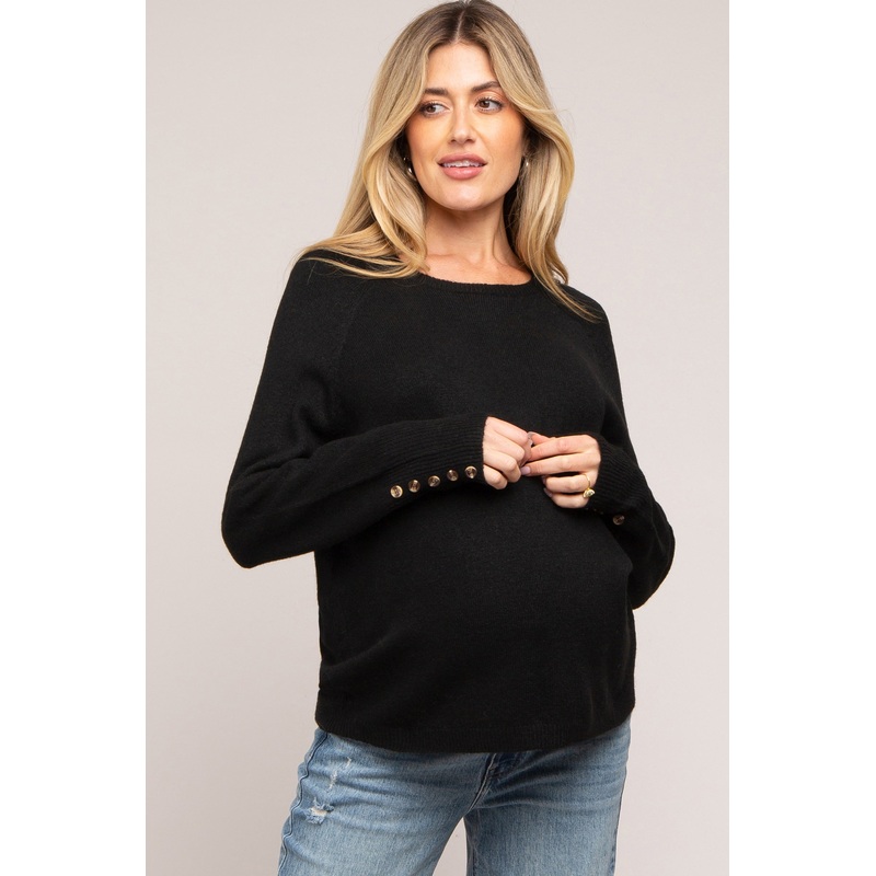 Black Button Accent Solid Maternity Sweater