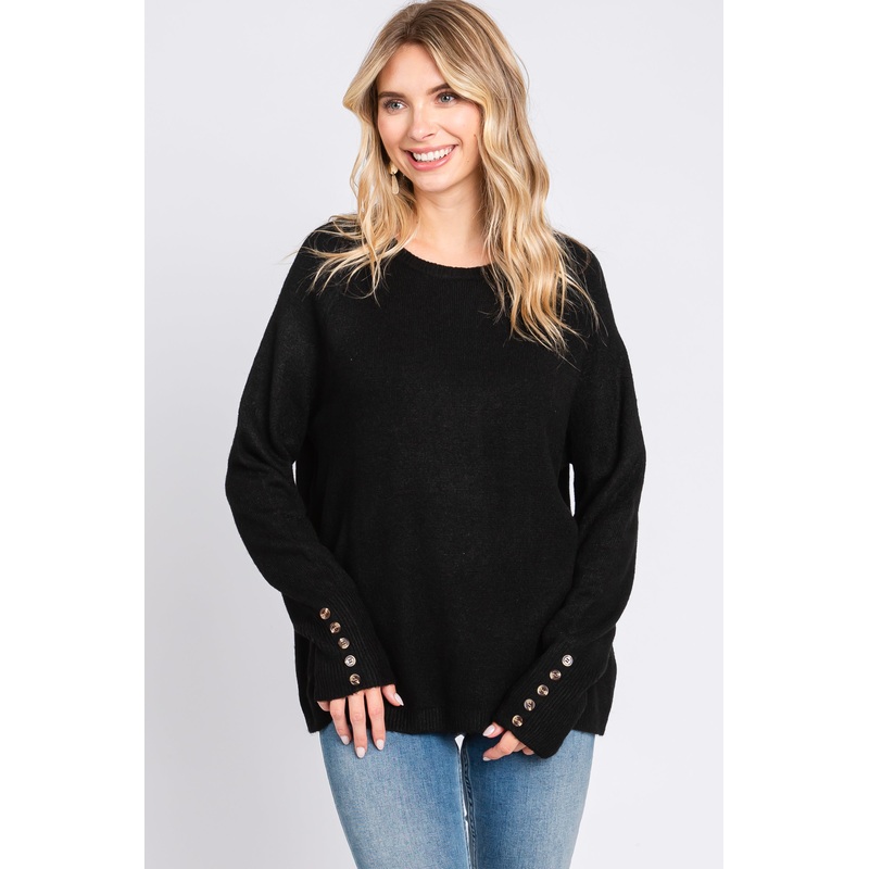 Black Button Accent Solid Sweater