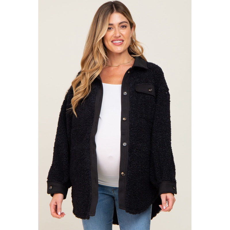 Black Contrast Oversized Sherpa Maternity Coat