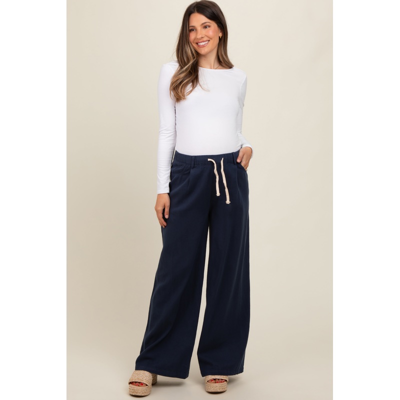 Navy Blue Drawstring Wide Leg Maternity Pants