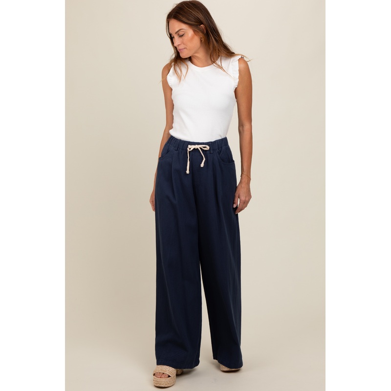 Navy Blue Drawstring Wide Leg Pants