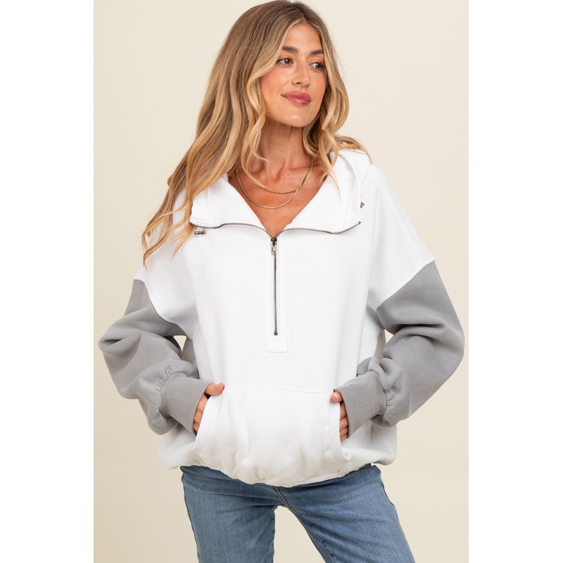 White Colorblock Half Zip Maternity Hoodie