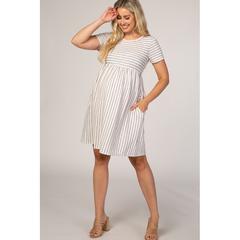 White Striped Maternity Babydoll Dress