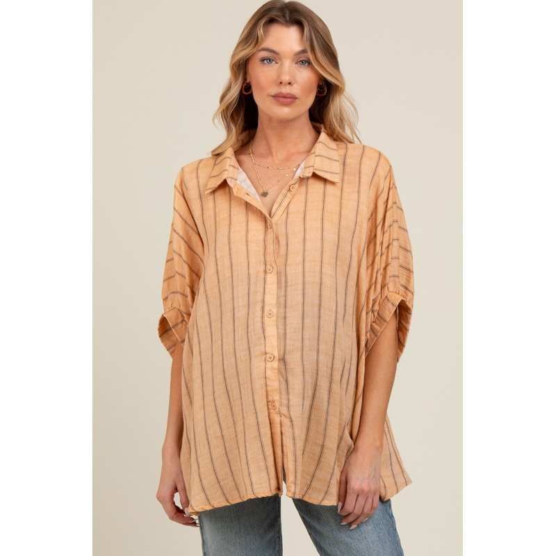 Yellow Striped Collared Oversized Maternity Top