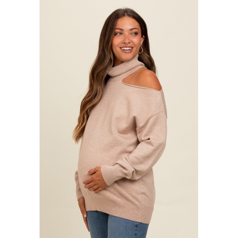 Beige Cold Shoulder Turtle Neck Maternity Sweater