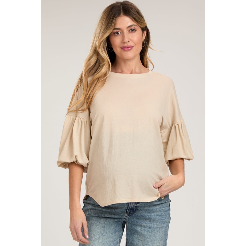 Beige Drop Shoulder Puff Sleeve Maternity Top