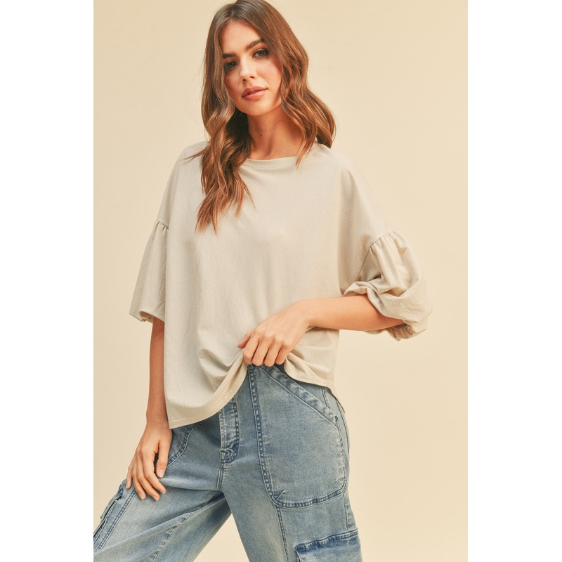 Beige Drop Shoulder Puff Sleeve Top