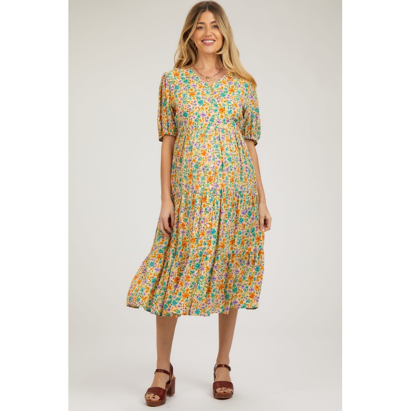 Beige Floral Button Front Ruffle Hem Maternity Midi Dress