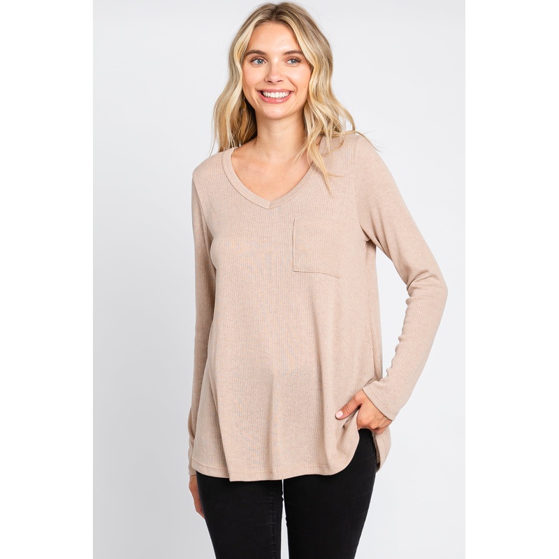 Beige Ribbed Knit Long Sleeve Top