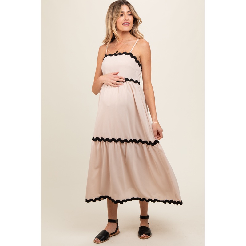 Beige Ric Rac Trim Tiered Maternity Midi Dress