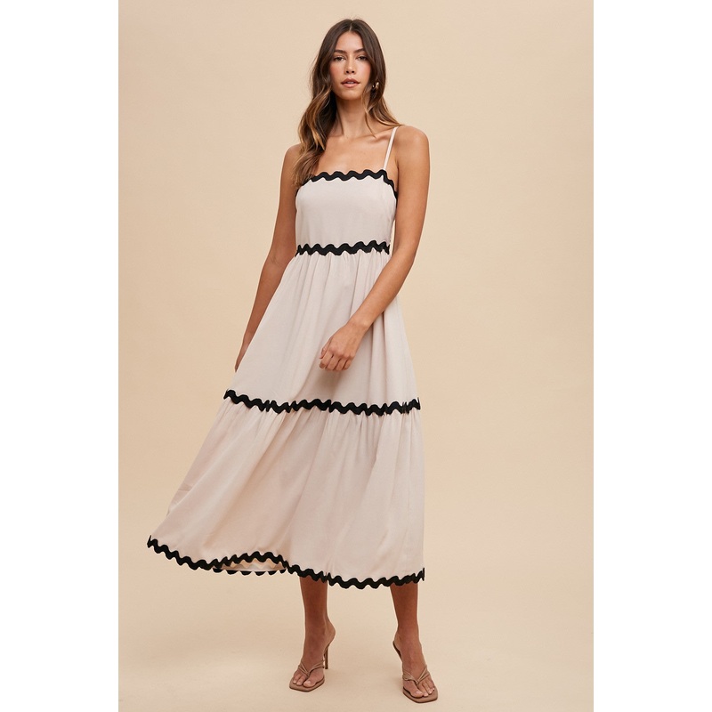 Beige Ric Rac Trim Tiered Midi Dress