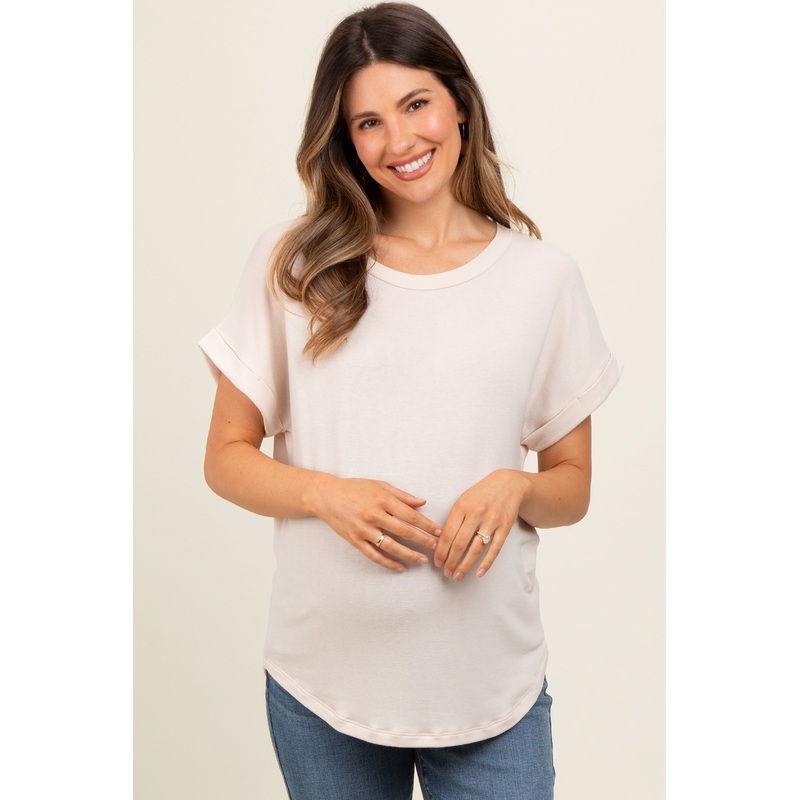 Beige Short Sleeve Terry Maternity Top