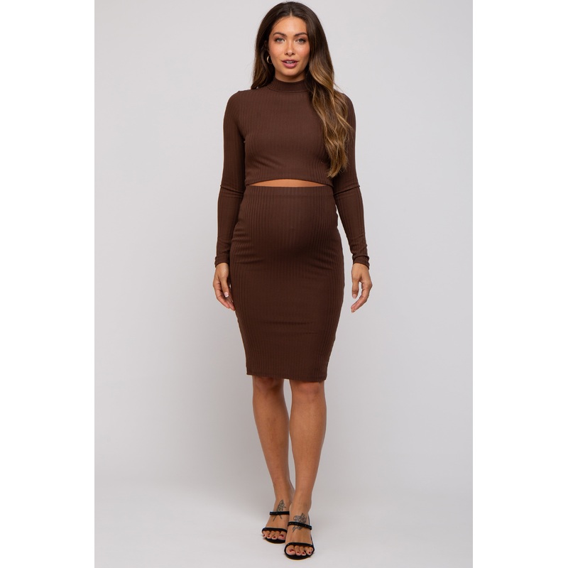 Brown Mock Neck Top Skirt Maternity Set