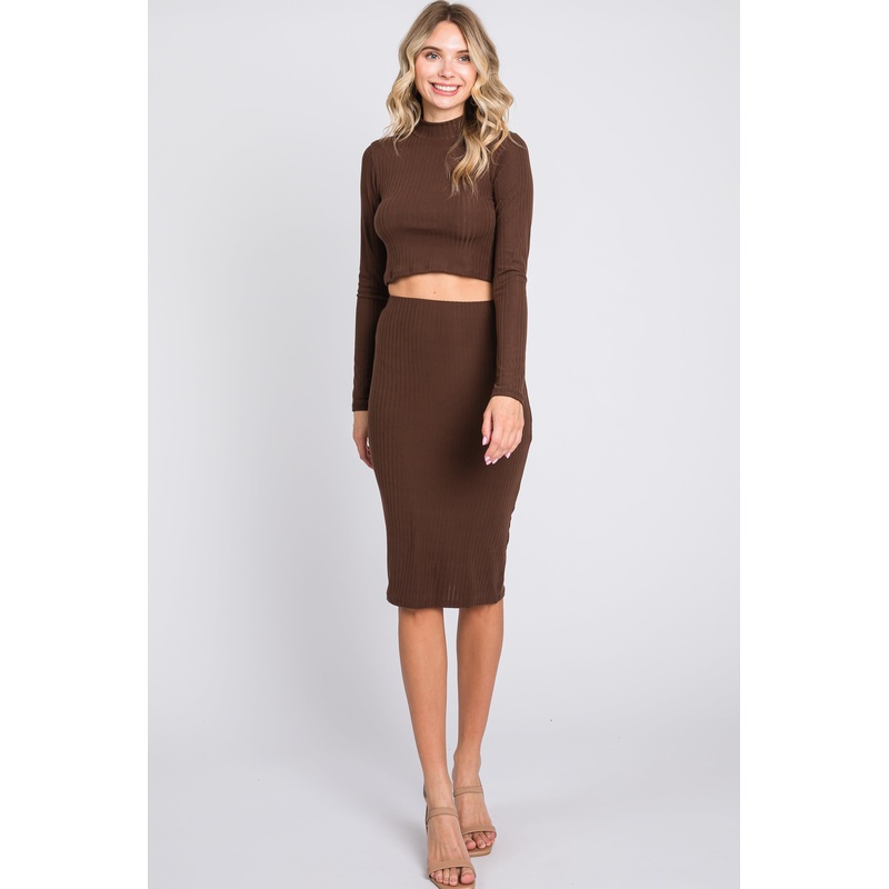 Brown Mock Neck Top Skirt Set