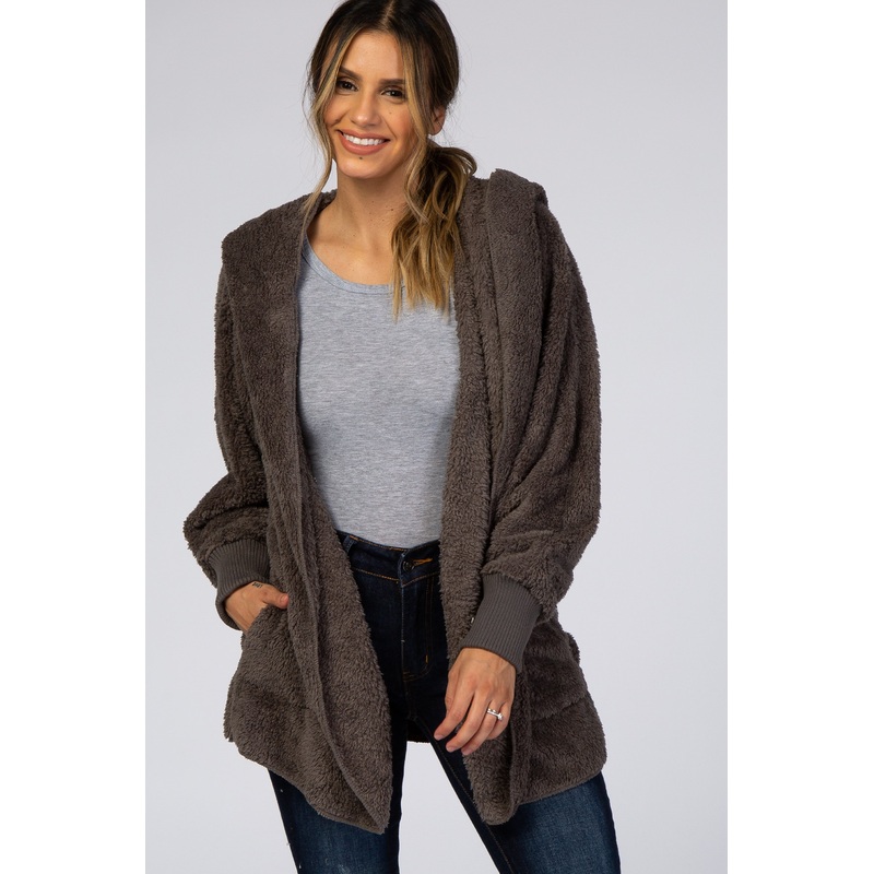 Charcoal Fuzzy Hooded Long Sleeve Jacket