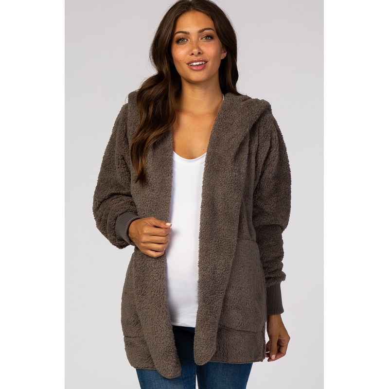 Charcoal Fuzzy Hooded Long Sleeve Maternity Jacket