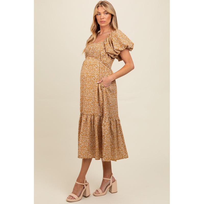 Yellow Floral Puffed Sleeve Maternity Midi Dress