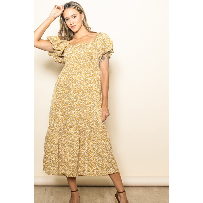 Yellow Floral Puffed Sleeve Midi Dress