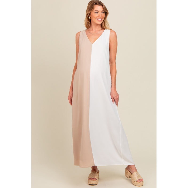 Beige Colorblock Maternity Midi Dress