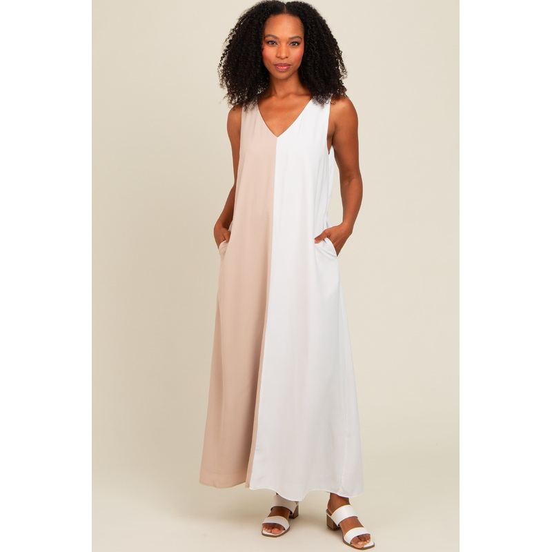 Beige Colorblock Midi Dress