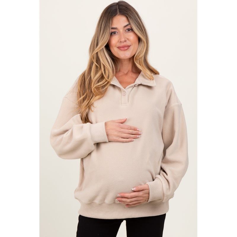 Beige Fleece Collared Button Up Maternity Pullover