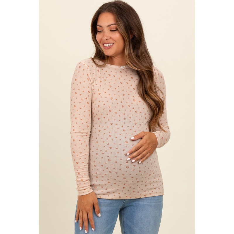 Beige Floral Bow Detail Long Sleeve Fitted Maternity Top