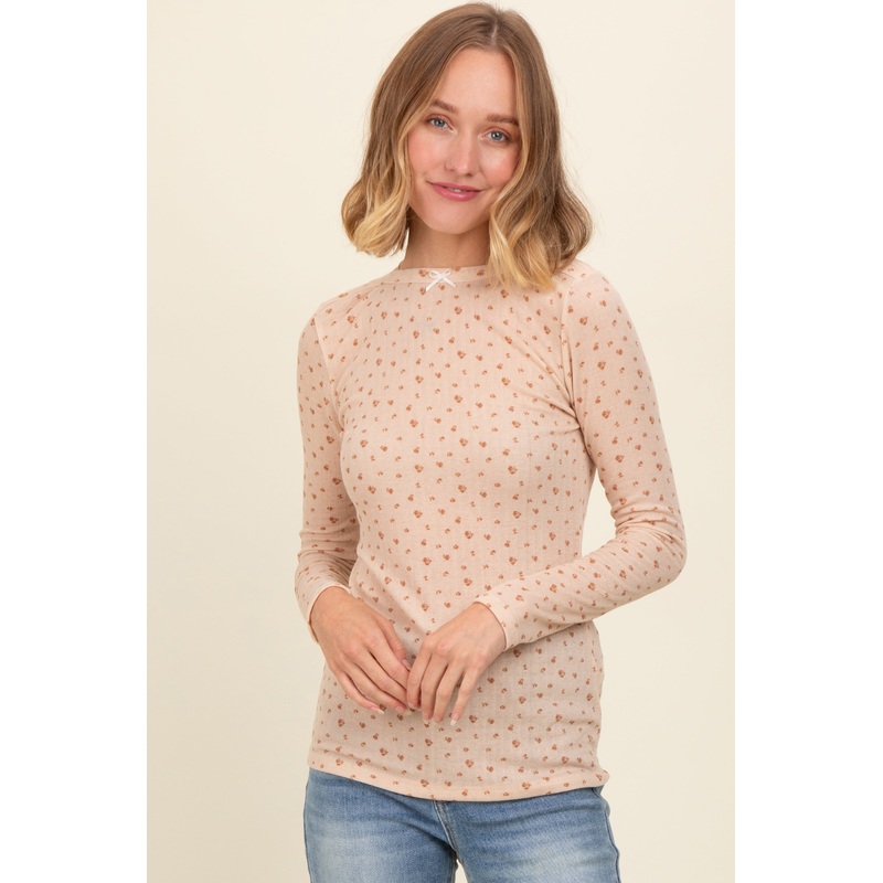 Beige Floral Bow Detail Long Sleeve Fitted Top