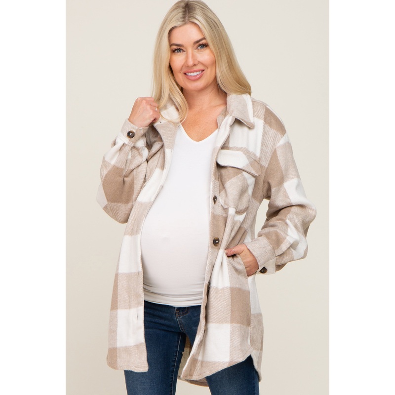Beige Plaid Brushed Long Maternity Shacket
