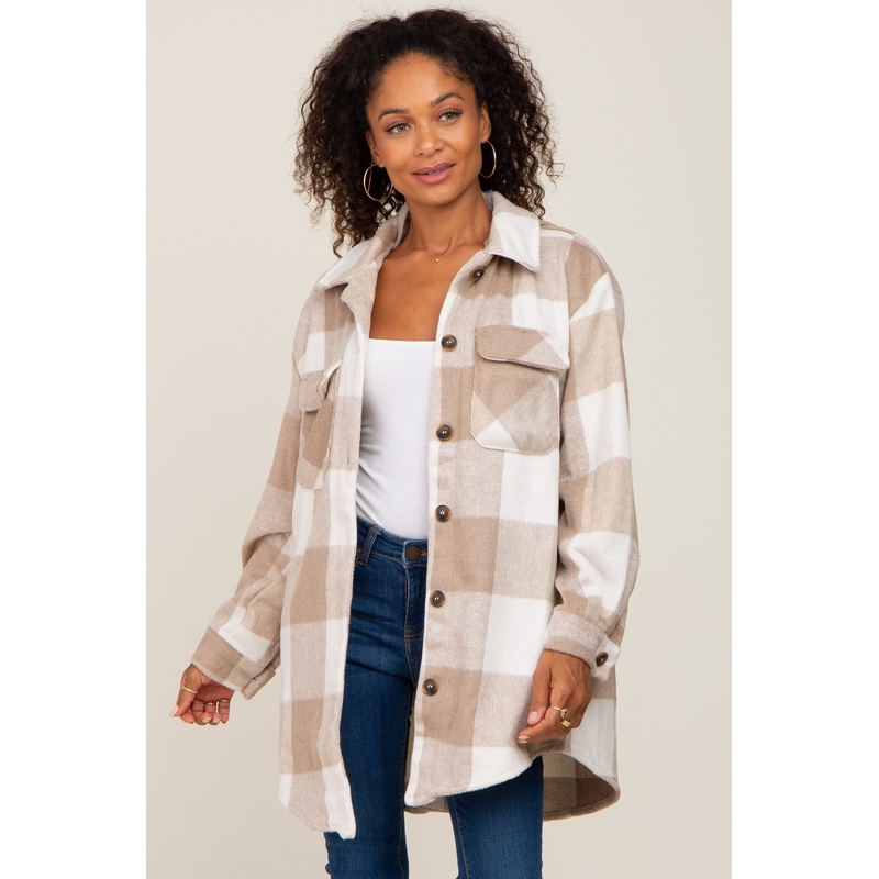 Beige Plaid Brushed Long Shacket