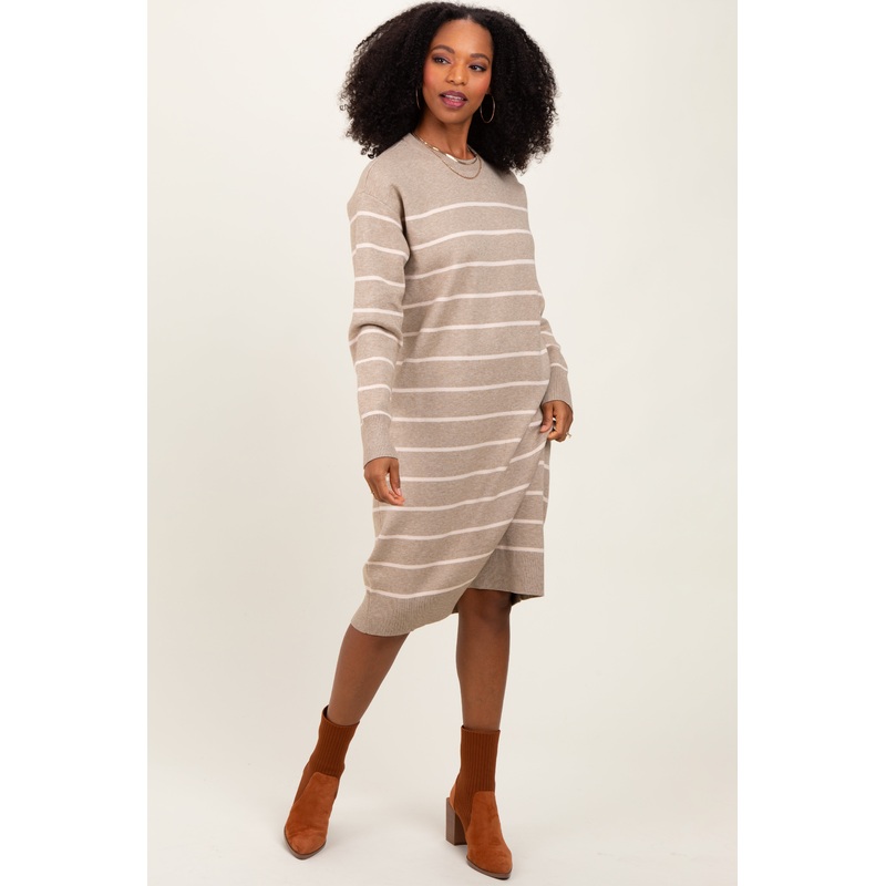 Beige Striped Midi Sweater Dress