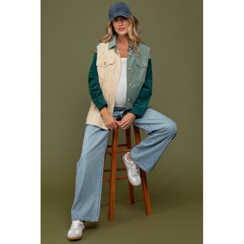 Light Olive Corduroy Colorblock Oversized Maternity Shirt Jacket