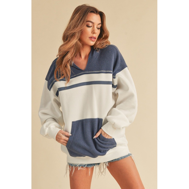 White Colorblock Front Pocket Hoodie