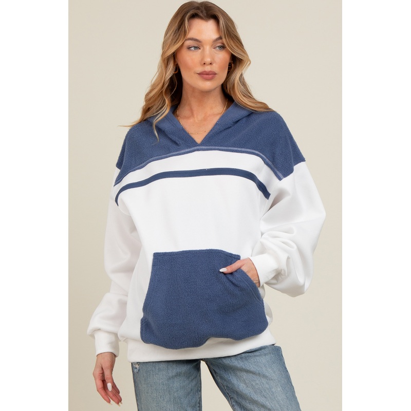 White Colorblock Front Pocket Maternity Hoodie