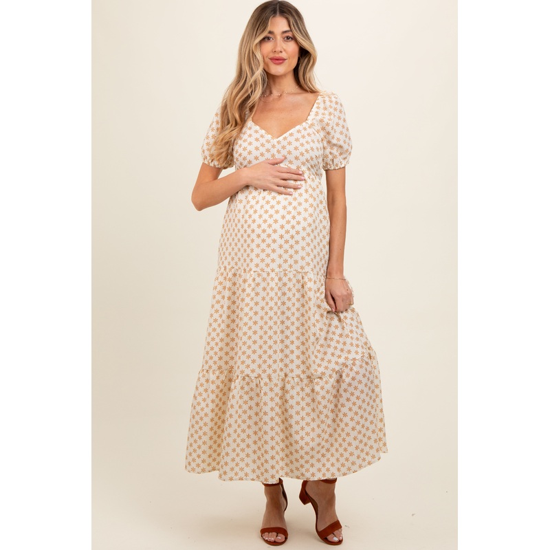 Yellow Floral Tiered Maternity Maxi Dress