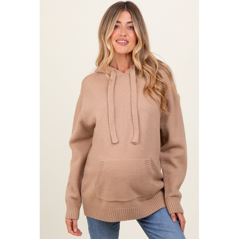 Beige Knit Front Pocket Hooded Maternity Sweater