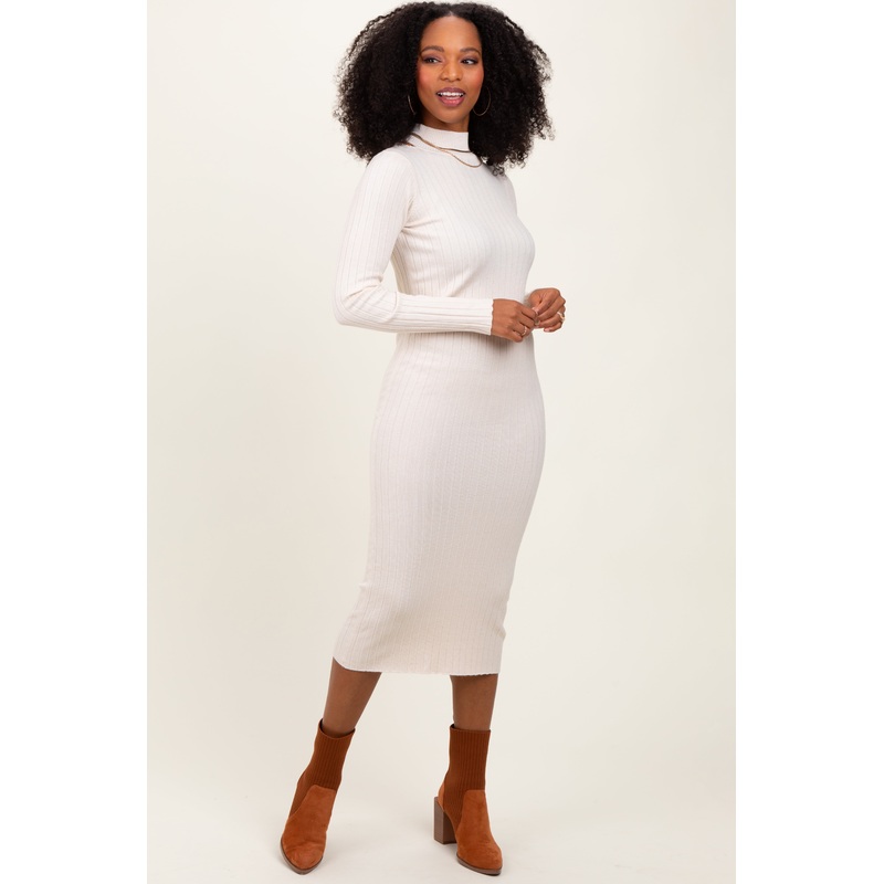 Beige Mock Neck Ribbed Sweater Dress