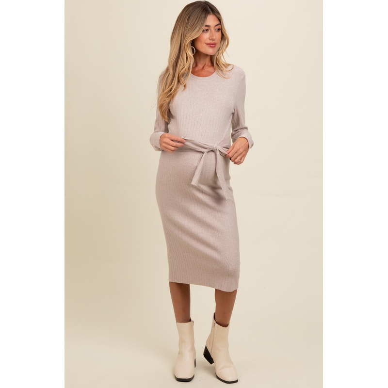 Beige Ribbed Sash Tie Maternity Midi Sweater Dress