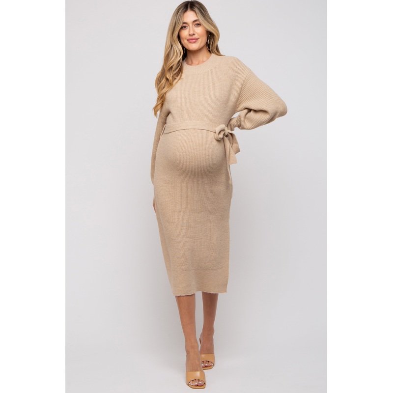 Beige Side Slit Maternity Sweater Midi Dress