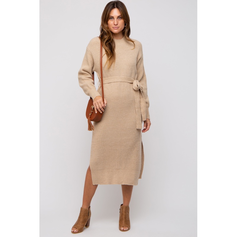 Beige Side Slit Sweater Midi Dress