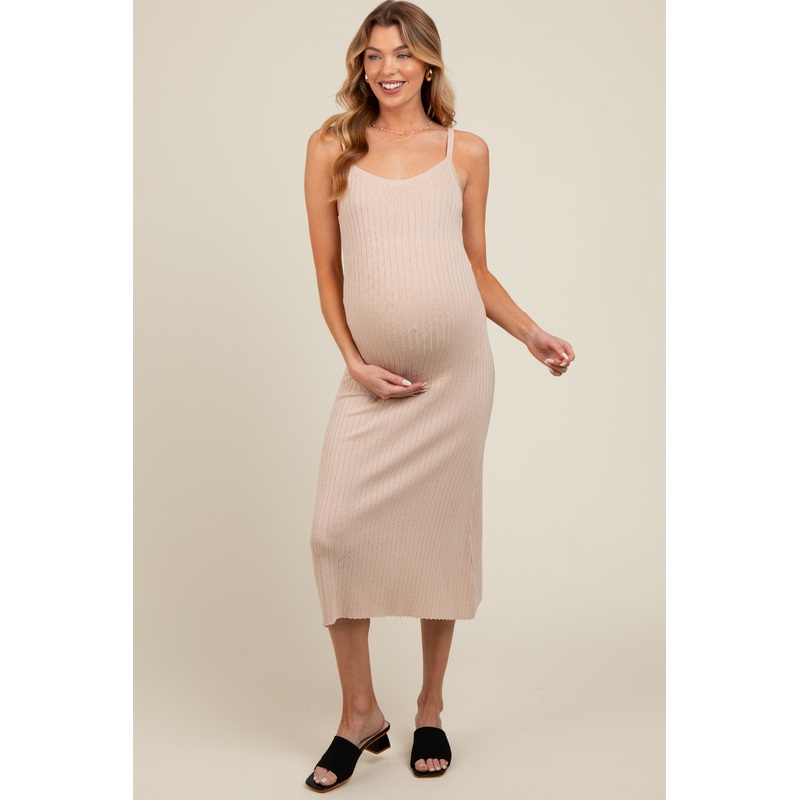 Beige Square Neck Ribbed Sleeveless Maternity Midi Dress