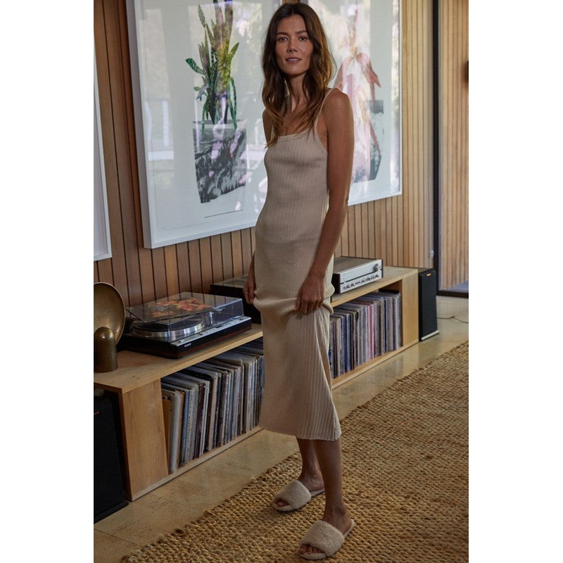 Beige Square Neck Ribbed Sleeveless Midi Dress