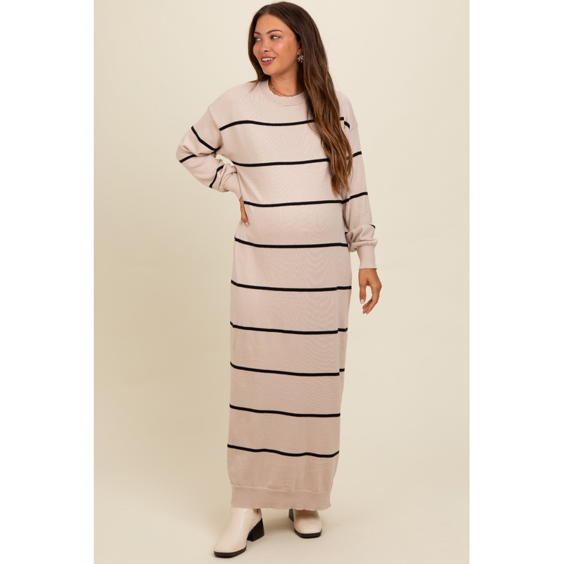 Beige Striped Knit Drop Shoulder Maternity Midi Dress