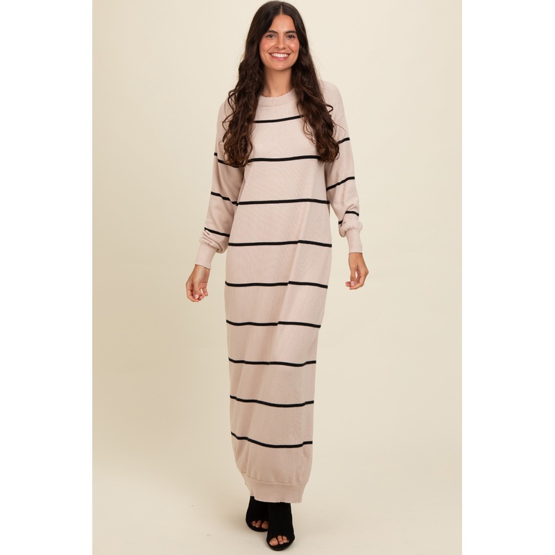 Beige Striped Knit Drop Shoulder Midi Dress