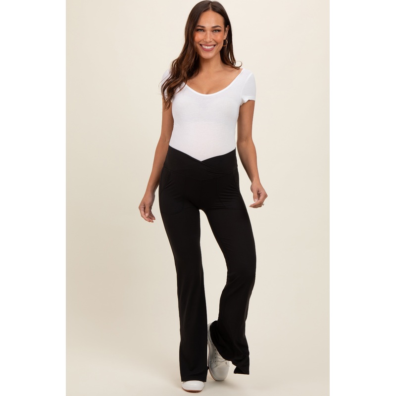 Black Crossover Waist Maternity Flared Leggings
