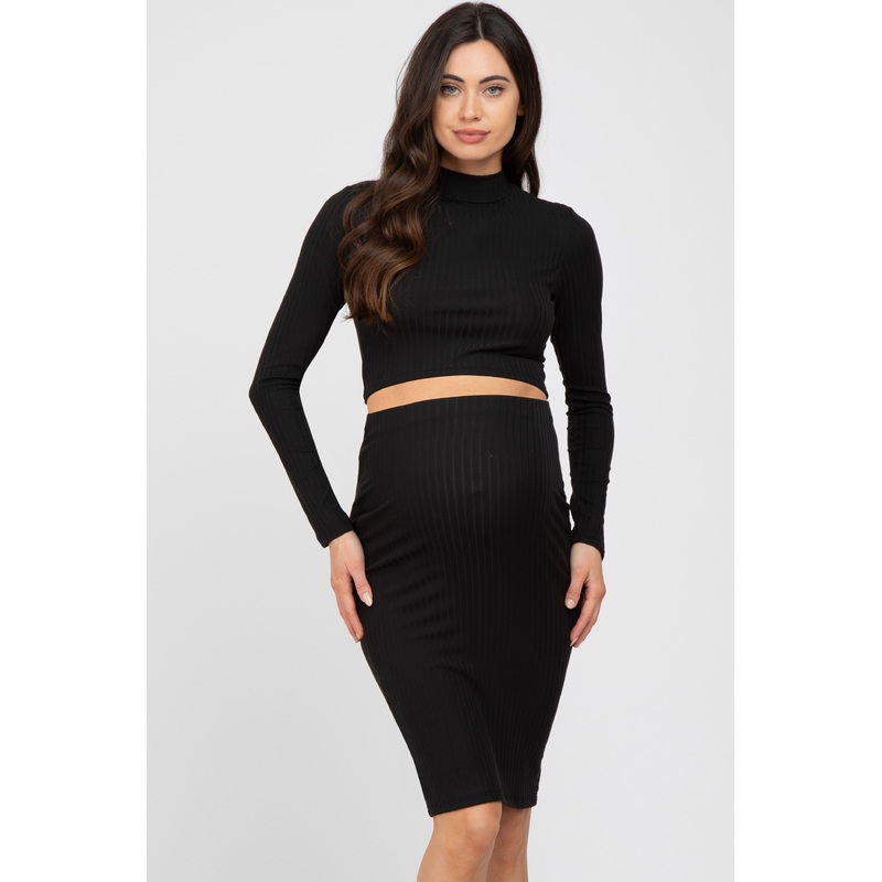 Black Mock Neck Top Skirt Maternity Set