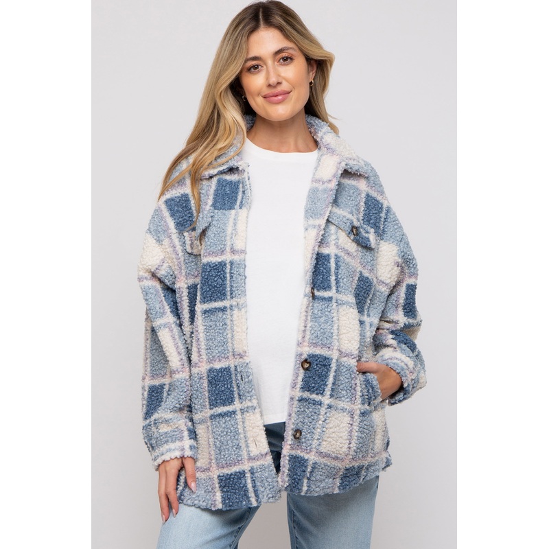 Blue Plaid Sherpa Maternity Jacket